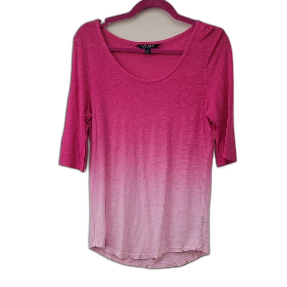 Lauren Ralph Lauren Ombré Tie Dye Linen Long Sleeve Tee Pink White Ombre Size PS